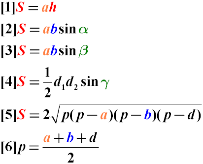 Формулы нахождения площади параллелограмма через стороны, углы, высоту и диагонали и углы между ними