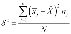 Формула расчета дисперсии между группами, имеющими отличительный признак, но с общим набором данных