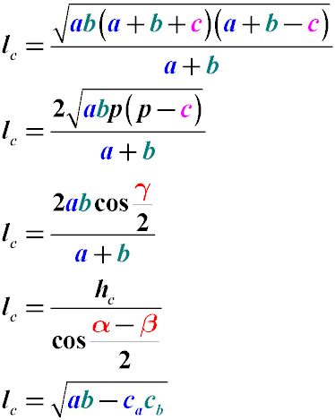 Формулы нахождения длины биссектрисы угла через длины сторон треугольника и угол между сторонами
