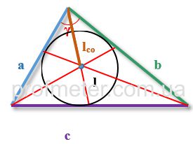 Рисунок, поясняющий формулу определения расстояний от угла до дочки пересечения биссектрис, радиусов вписанной и описанной окружностей треугольника