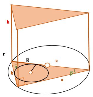 Призма с прямоугольным треугольником в основании, с отмеченными сторонами, углами, вписанной и описанной окружностями