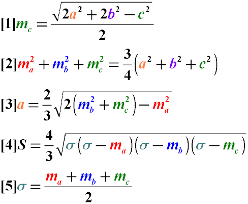 Формулы расчета длины медианы произвольного треугольника через длины его сторон и других медиан. Формулы нахождения площади треугольника через медианы и стороны через медианы