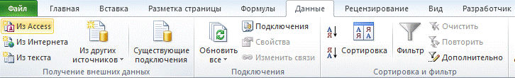 Панель инструментов MS Excel для работы с внешними базами данных