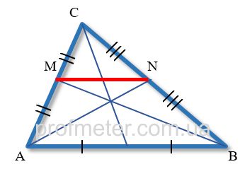 Средняя линия треугольника соединяет две точки концов медиан, лежащих на сторонах треугольника