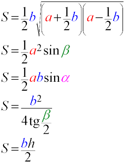 Формулы нахождения площади равнобедренного треугольника через его стороны и углы, а также через основание и высоту
