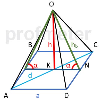 Regular pyramid with a quadrilateral base with angle and height