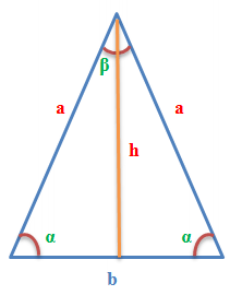 Обозначения в равнобедренном треугольнике, которые используются в формулах. Позначення в рівнобедреному трикутнику, які використовуються у формулах.