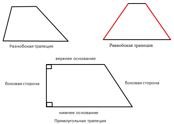 Примеры разных видов трапеций - разнобокая, равнобокая и прямоугольная